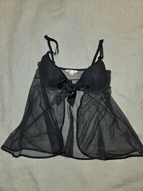 2004 Victoria's Secret Sheer Black Babydoll Lingerie with Satin Ties Sheer SZ L